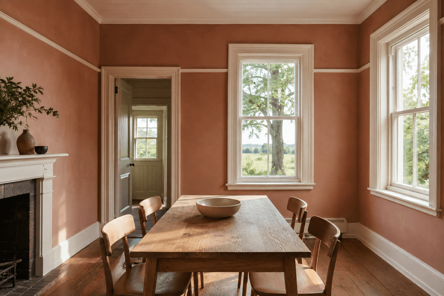 freshly painted terracotta and cream dining room with tall timber windows